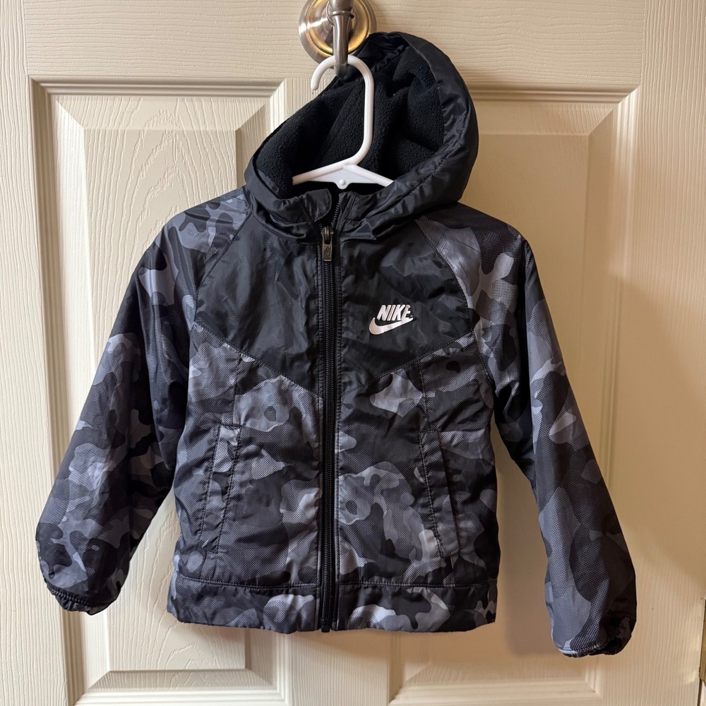 Kids Nike Camo Windbreaker Jacket‎ Hooded Full Zip Black Gray Size 2T